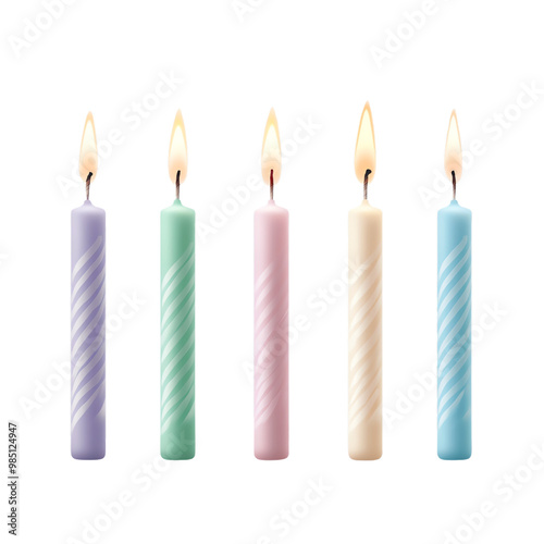 Colorful birthday candles with flames on a white isolated background. transparent background