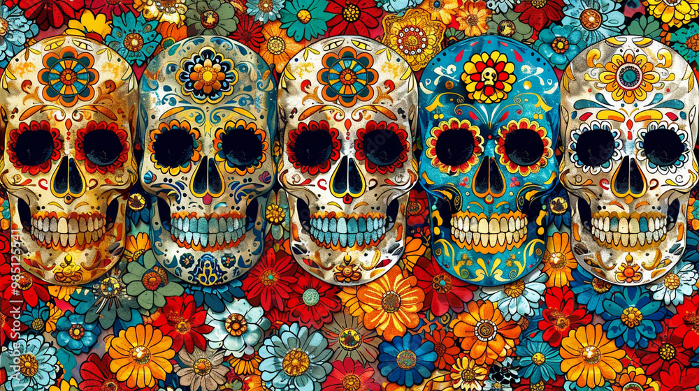 Festive Dia De Muertos pattern background with flowers Festive Dia De Muertos pattern background with flowers