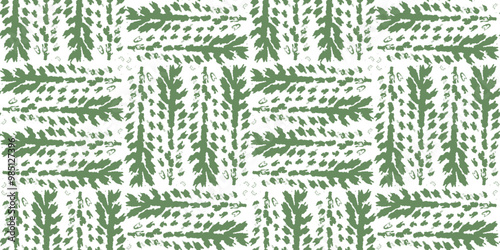 Abstract tribal botanical seamless pattern with green brush stroke textured fern leaves. Artistic floral drawing naive paintbrush grunge branches print for textile design, wrapping paper, surface