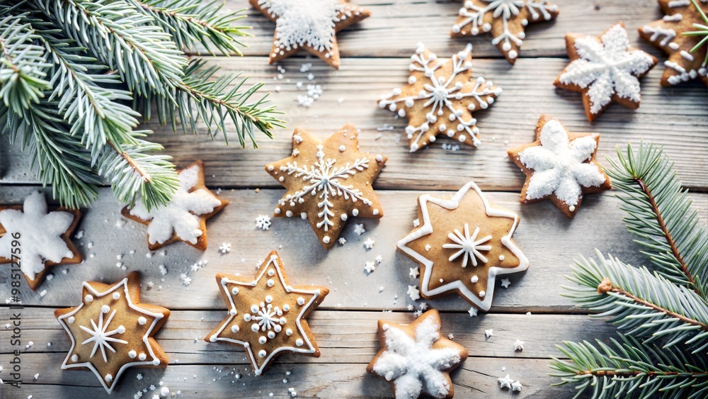 Gingerbread Star Cookies with Frosting, Festive Christmas Arrangement on Wooden Table Gingerbread Star Cookies with Frosting, Festive Christmas Arrangement on Wooden Table