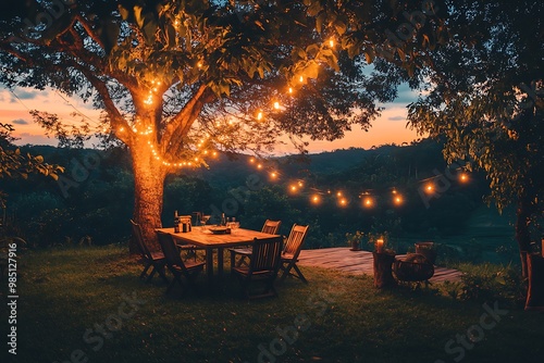 Romantic evening dinner table setting in the backyard with fairy lights, sunset view, and tree in the background