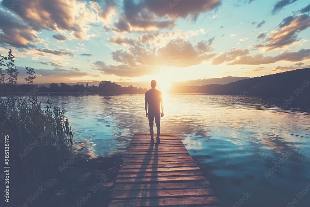 Fototapeta premium Silhouette of Man Standing on Dock at Sunset Over Water