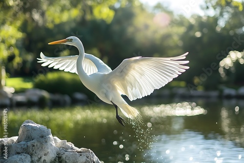 White egret bird taking off from a pond in a garden with green trees and rocks photo