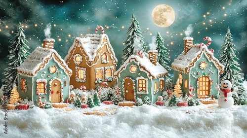 A village of intricately detailed gingerbread houses covered in frosting and candy, set against a snow-covered landscape with twinkling lights, snowmen, and a glowing full moon in the background., ult photo