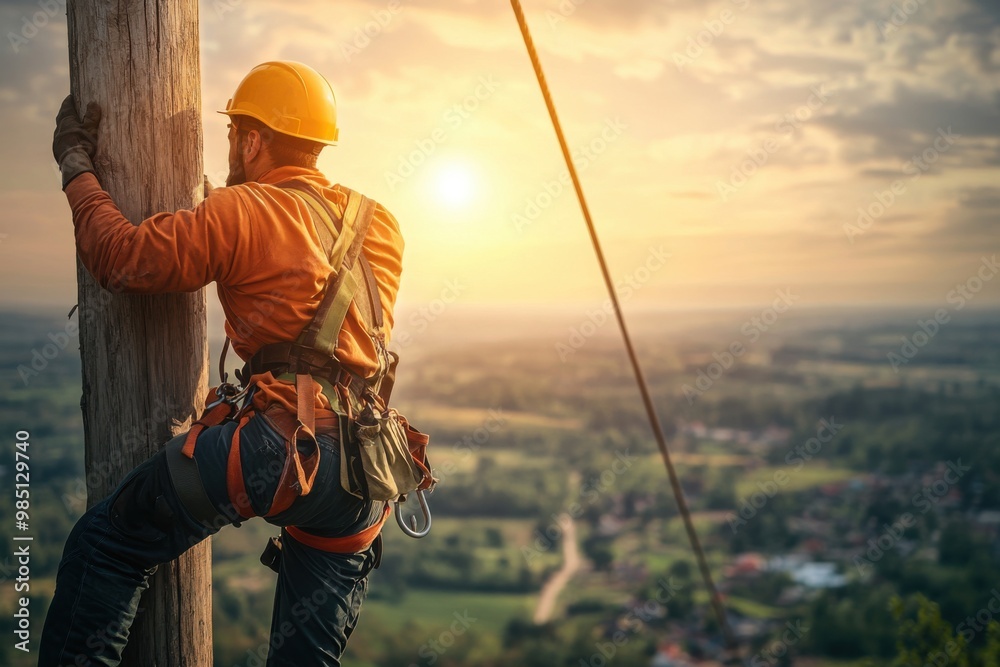 Lineman Climbing Utility Pole At Sunset Wearing Safety Gear In Rural Landscape Lineman Climbing Utility Pole At Sunset Wearing Safety Gear In Rural Landscape
