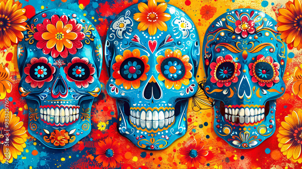 Festive Dia De Muertos pattern background with flowers Festive Dia De Muertos pattern background with flowers