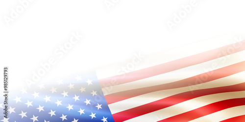 Realistic national USA flag with stars and stripes isolated on white background. Wavy flag of the United States of America. American patriotic events celebration banner template. Vector illustration