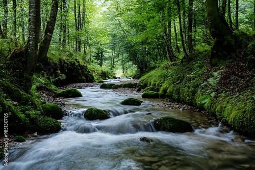 Tranquil Forest Stream with Lush Greenery and Flowing Water