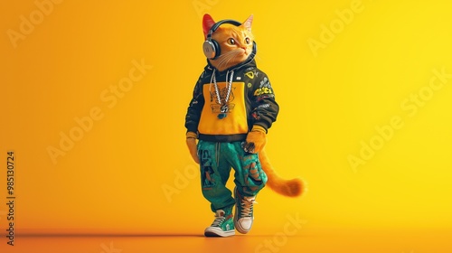 Stylish Hip-Hop Calico Cat in Tracksuit Jacket and Graffiti Sneakers Against Solid Background photo