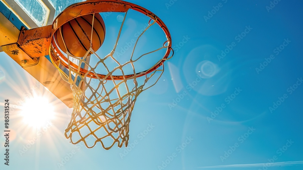 Basketball Swishing Through Hoop in Bright Sunlight Against Clear Blue Sky, Low Angle Shot Basketball Swishing Through Hoop in Bright Sunlight Against Clear Blue Sky, Low Angle Shot