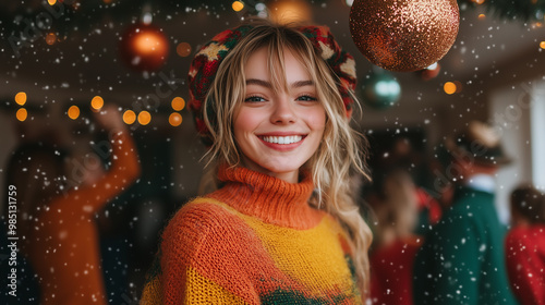 young woman in an orange outfit at a disco party on christmas night, featuring music and fun for new year's