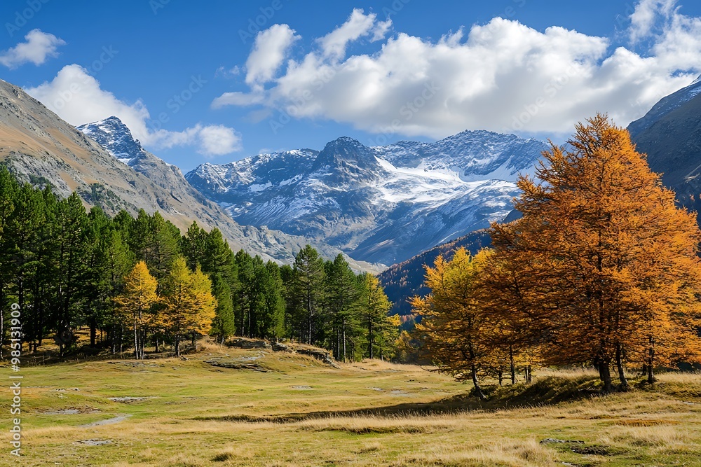 Autumnal Alpine landscape with snow capped mountains and golden trees