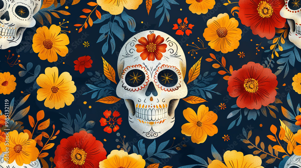 Festive Dia De Muertos pattern background with flowers Festive Dia De Muertos pattern background with flowers