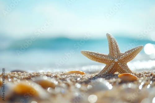 Starfish on the beach with ocean waves and sunshine in the background.