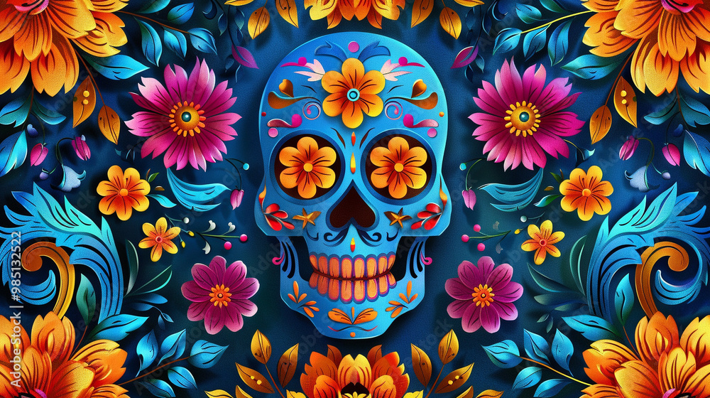 Festive Dia De Muertos pattern background with flowers Festive Dia De Muertos pattern background with flowers