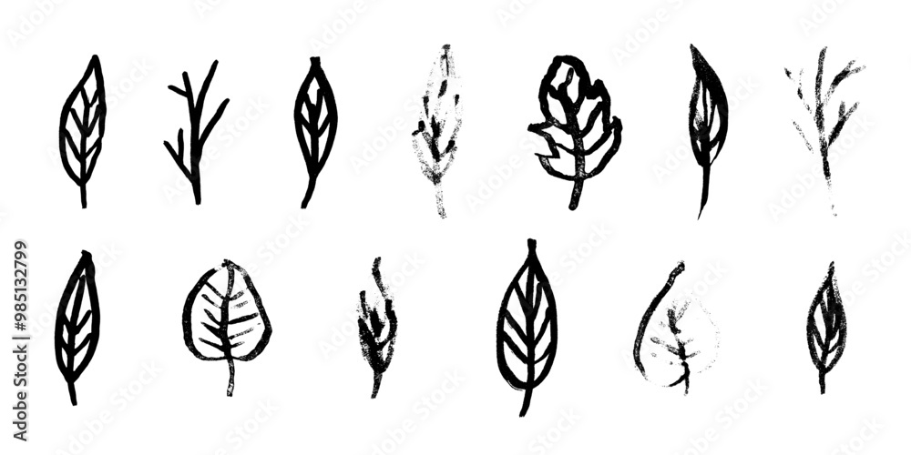 Set of black ink hand drawn simple sketch textured tree leaves and herb. Abstract grunge texture botanical elements for pattern design, greeting card decoration, logo print Set of black ink hand drawn simple sketch textured tree leaves and herb. Abstract grunge texture botanical elements for pattern design, greeting card decoration, logo print
