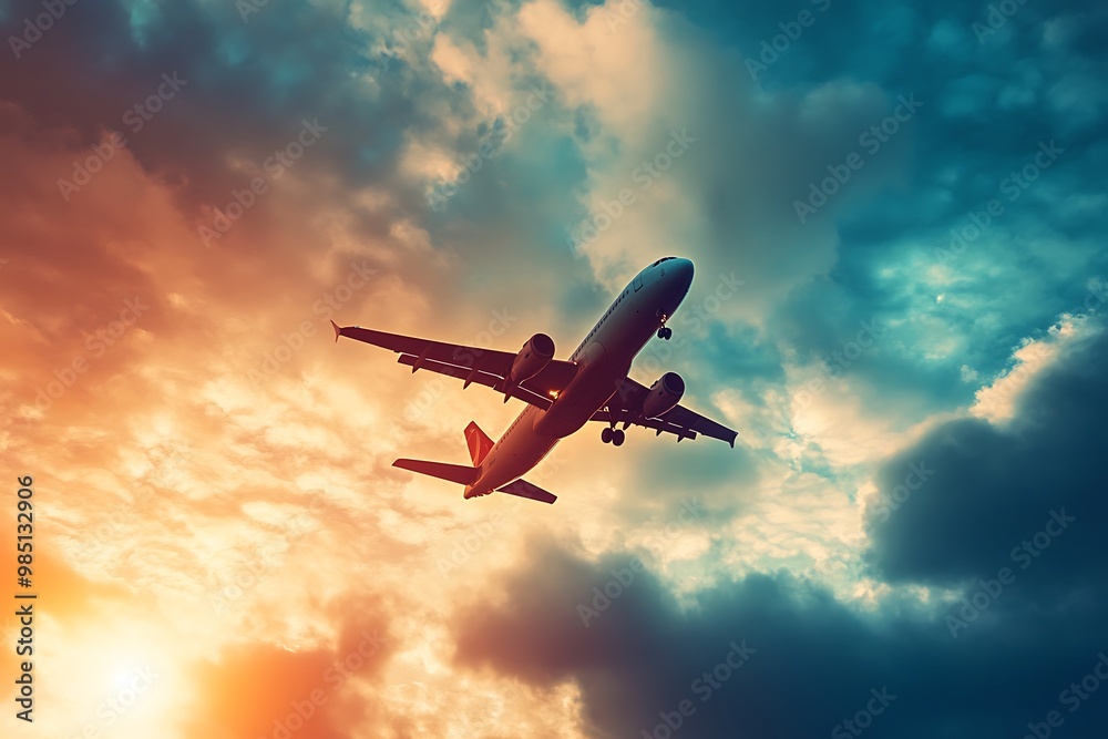 Silhouette of airplane taking off at sunset, with dramatic clouds in the sky. Travel, transportation, freedom, adventure. Silhouette of airplane taking off at sunset, with dramatic clouds in the sky. Travel, transportation, freedom, adventure.