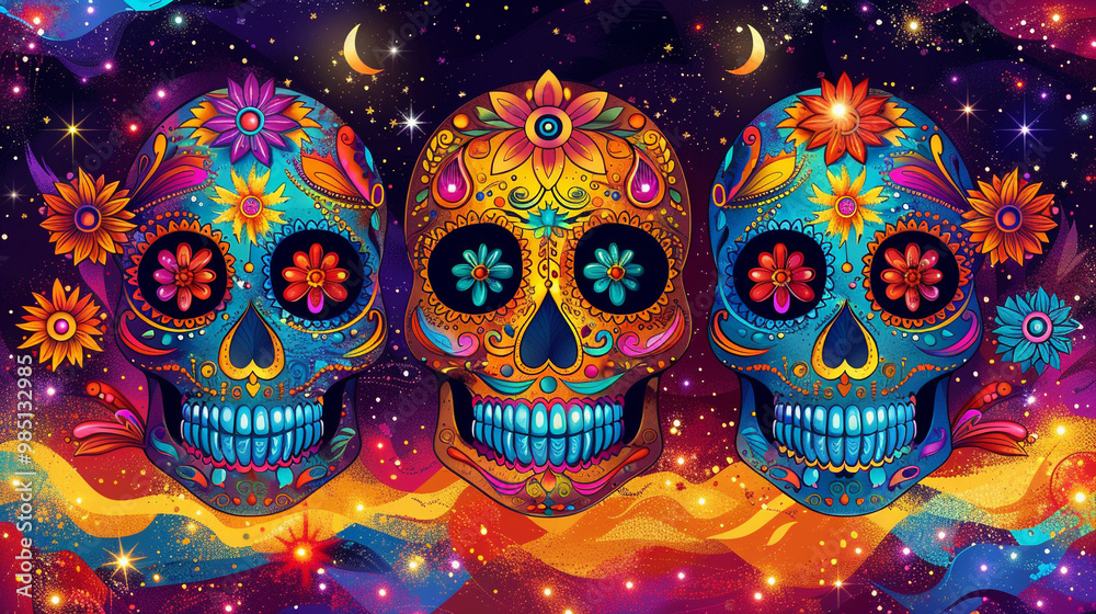 Festive Dia De Muertos pattern background with flowers Festive Dia De Muertos pattern background with flowers