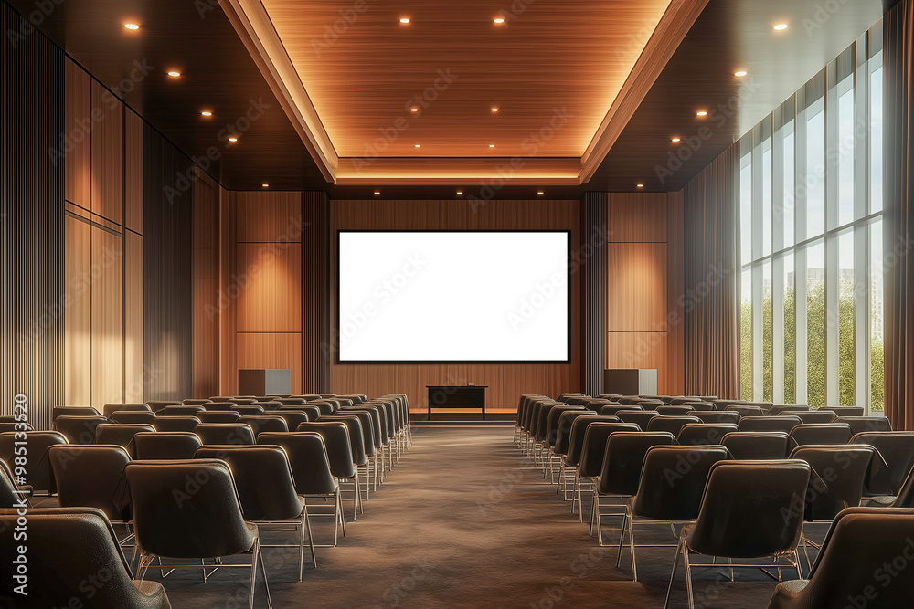 Elegant auditorium with blank presentation screen, chairs, and modern lighting setup for business, corporate events, and educational presentations. Elegant auditorium with blank presentation screen, chairs, and modern lighting setup for business, corporate events, and educational presentations.