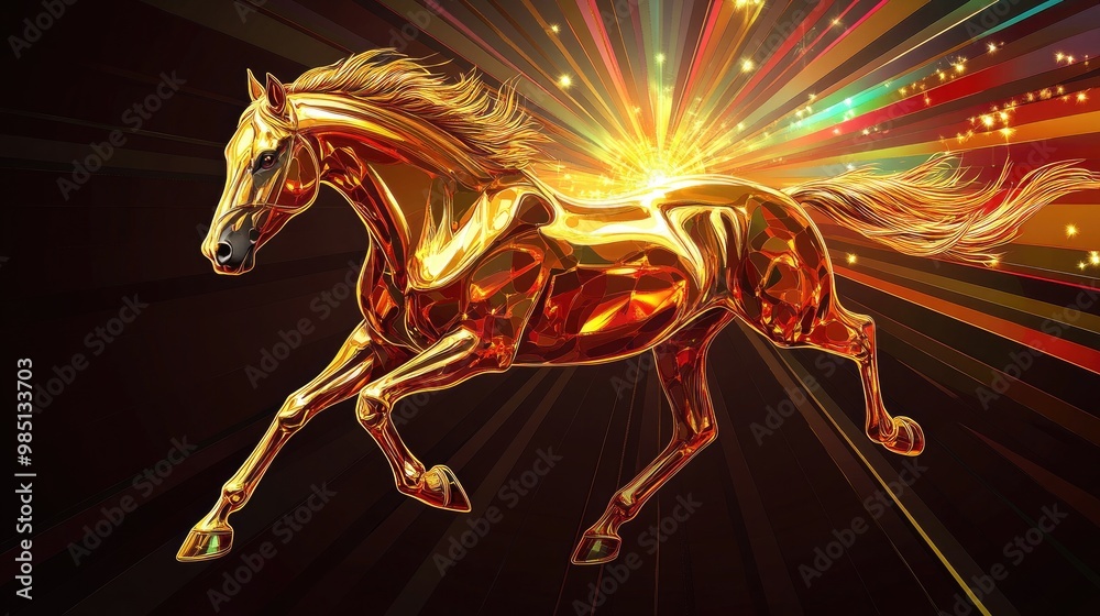 Majestic golden horse running, depicted in vector art with fine details, illuminated by a stunning background of colorful jewelry rays Majestic golden horse running, depicted in vector art with fine details, illuminated by a stunning background of colorful jewelry rays