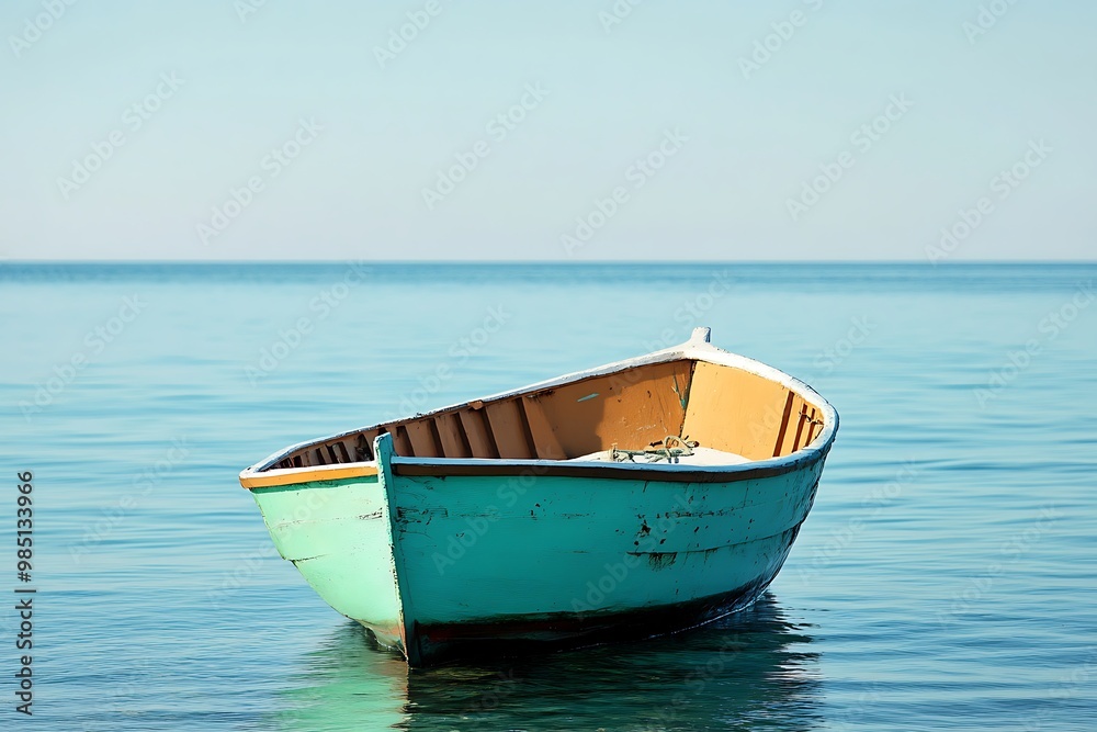 Small wooden boat floating on calm turquoise ocean water Small wooden boat floating on calm turquoise ocean water