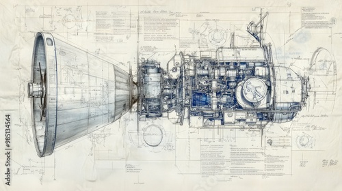 Detailed technical drawing of a spacecraft engine on a blueprint background.