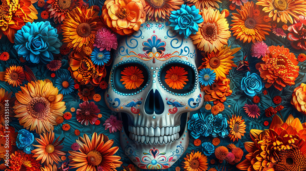 Festive Dia De Muertos pattern background with flowers Festive Dia De Muertos pattern background with flowers