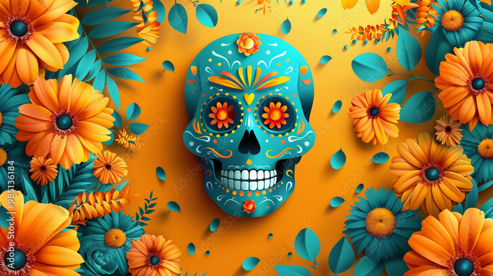 Festive Dia De Muertos pattern background with flowers Festive Dia De Muertos pattern background with flowers
