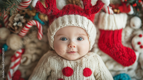 Adorable baby dressed in a cozy knit reindeer hat, lying among festive decorations, with a Christmas stocking in the background, capturing the warmth and joy of the season.