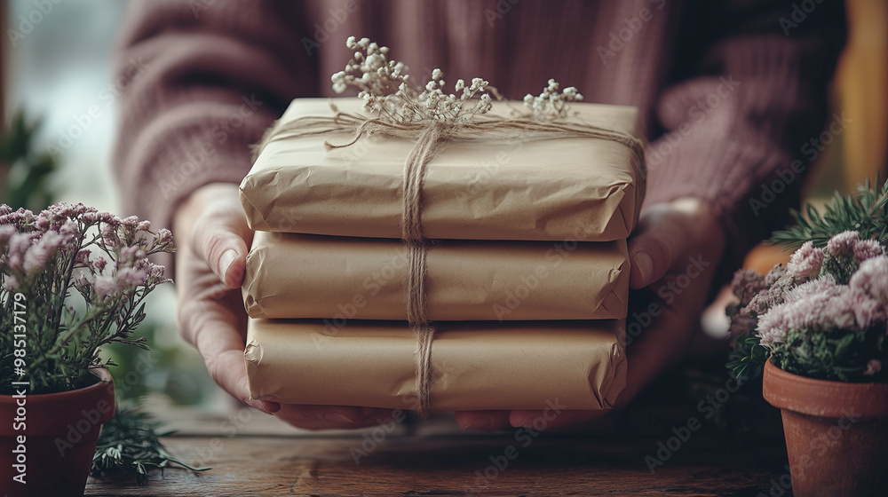 woman preparing and wrapping sustainable gifts with eco friendly materials during the christmas season, surrounded by green plants and a warm atmosphere
