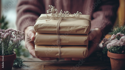 Obraz na płótnie woman preparing and wrapping sustainable gifts with eco friendly materials during the christmas season, surrounded by green plants and a warm atmosphere w salonie