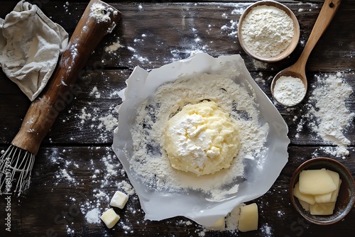 Overhead view of pastry dough ingredients, including flour, butter, and a wooden rolling pin photo