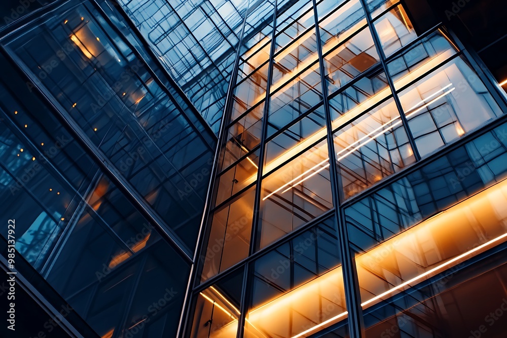 Obraz premium Modern office building with glass facade and warm lighting