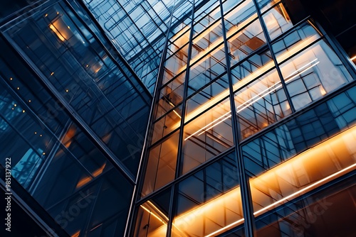 Modern office building with glass facade and warm lighting