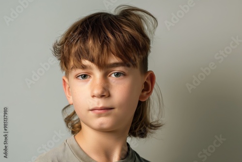 Young Caucasian boy with fresh mullet haircut. Stylish male with beautiful hair. Close-up portrait of handsome model. Attractive boy posing in lifestyle setting. Fashionable young man with trendy photo