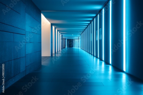 Abstract blue hallway with glowing neon lights, futuristic interior design