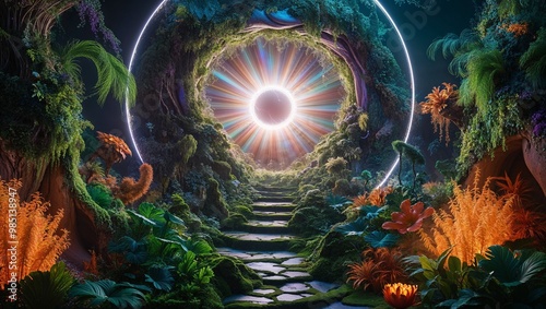 A fantasy scene with a portal gate to another dimension, heaven realm full of light