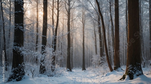 Beautiful nature scene with winter forest, trees, snow and river