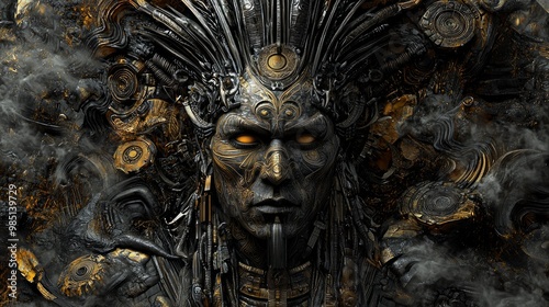 Dark Shaman with Tribal Markings Surrounded by Spirits and Artifacts in Highly Detailed 3D Render