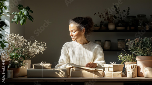 Obraz na płótnie woman preparing and wrapping sustainable gifts with eco friendly materials during the christmas season, surrounded by green plants and a warm atmosphere w salonie