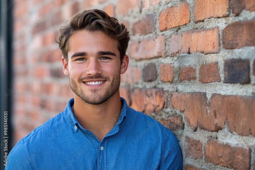 Attractive young man outdoors smiling and looking in camera  blue shirt  in front of brick wall