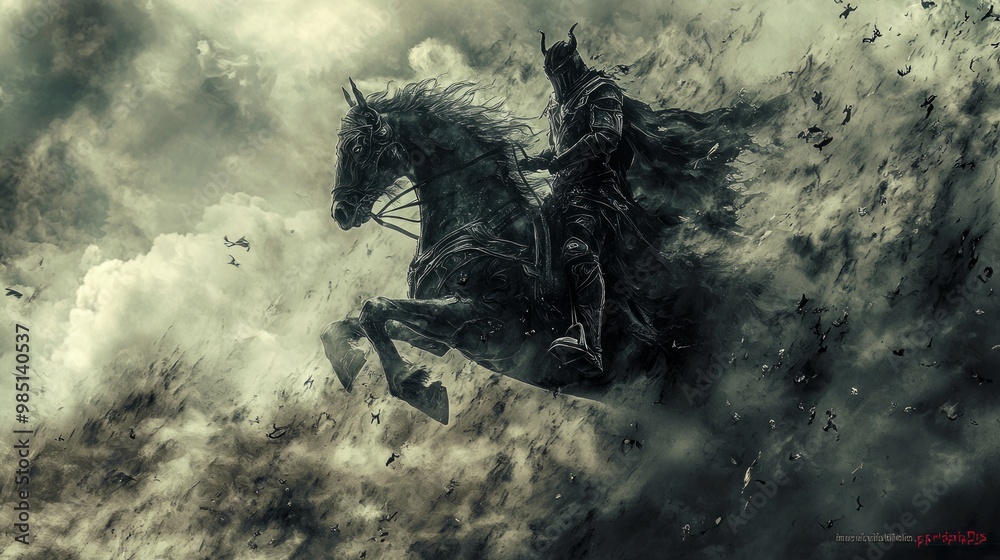 Obraz premium Spectral Dark Knight on Horseback Charging Through Chaotic Misty Battlefield