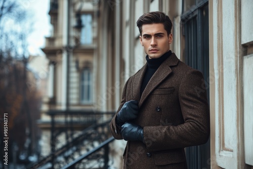 Handsome confident male model in elegant coat and gloves standing on background of exterior gallery.