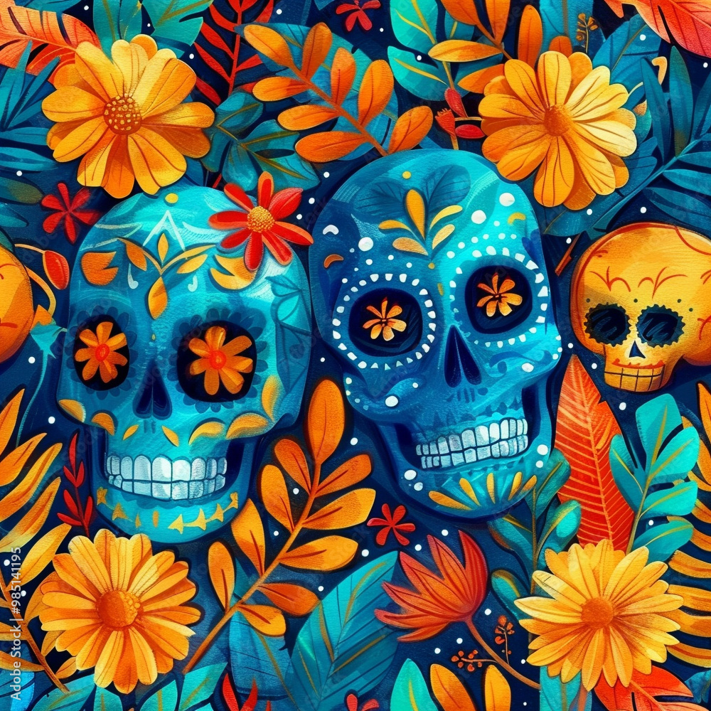 Festive Dia De Muertos pattern background with flowers