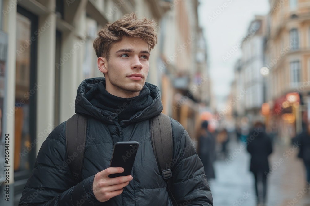 Outdoor portrait of modern young man with mobile phone in the street. Outdoor portrait of modern young man with mobile phone in the street.