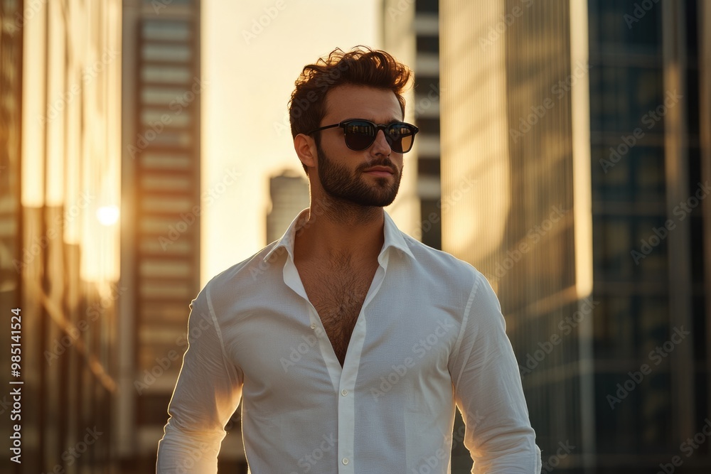 Stylish hipster model poses in urban setting at sunset. Stylish hipster model poses in urban setting at sunset.