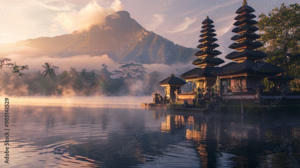 Japanese temple in the middle of a lake at sunset