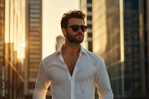 Stylish hipster model poses in urban setting at sunset.