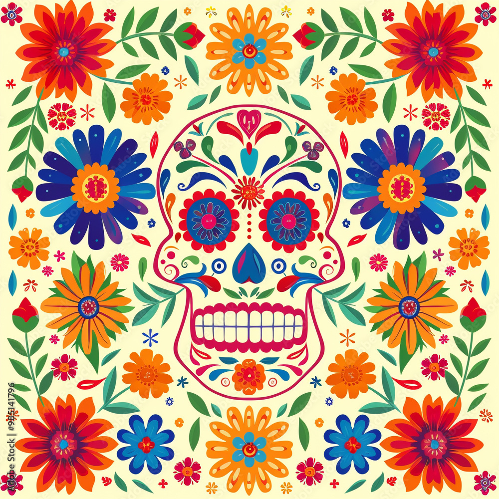 Festive Dia De Muertos pattern background with flowers