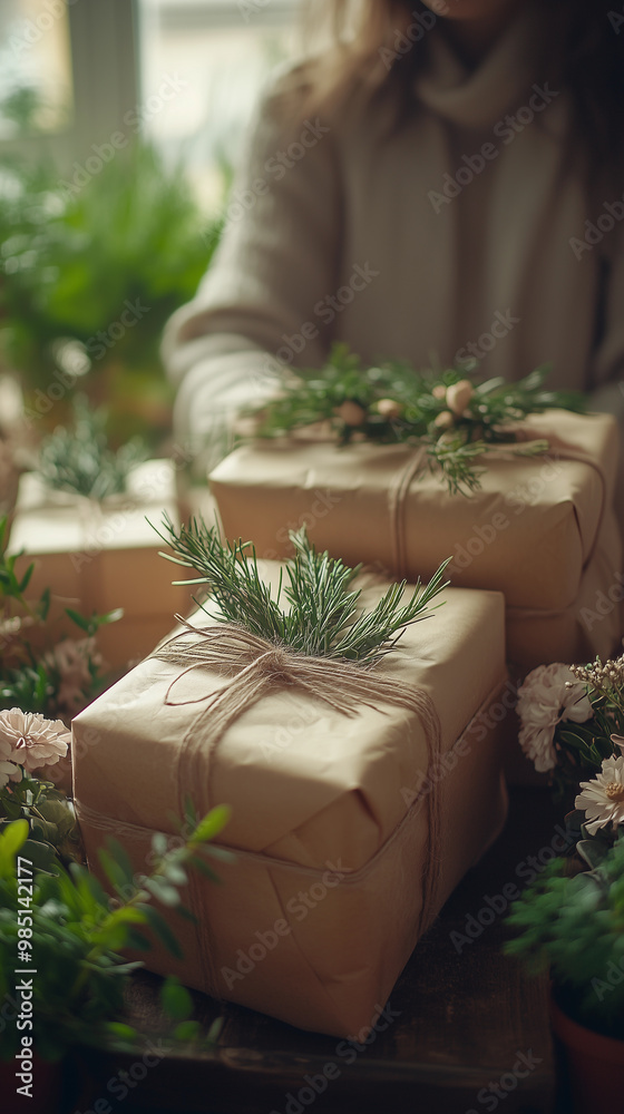woman preparing and wrapping sustainable gifts with eco friendly materials during the christmas season, surrounded by green plants and a warm atmosphere
